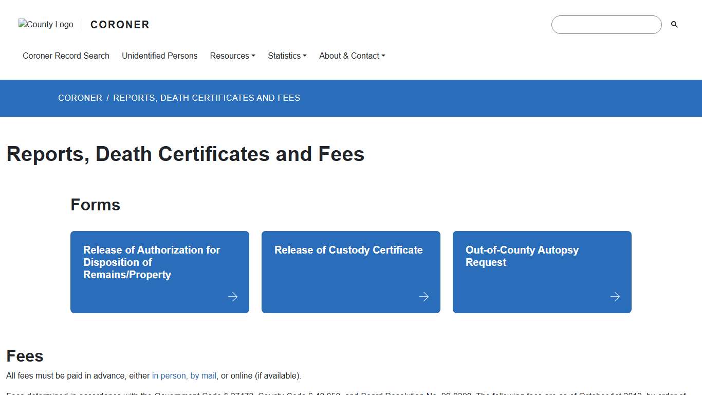 Reports, Death Certificates and Fees